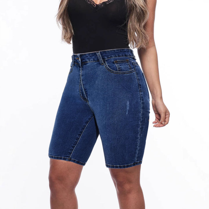 Dame højkvalitets denim-shorts med høj talje og tætsiddende snit Stilla