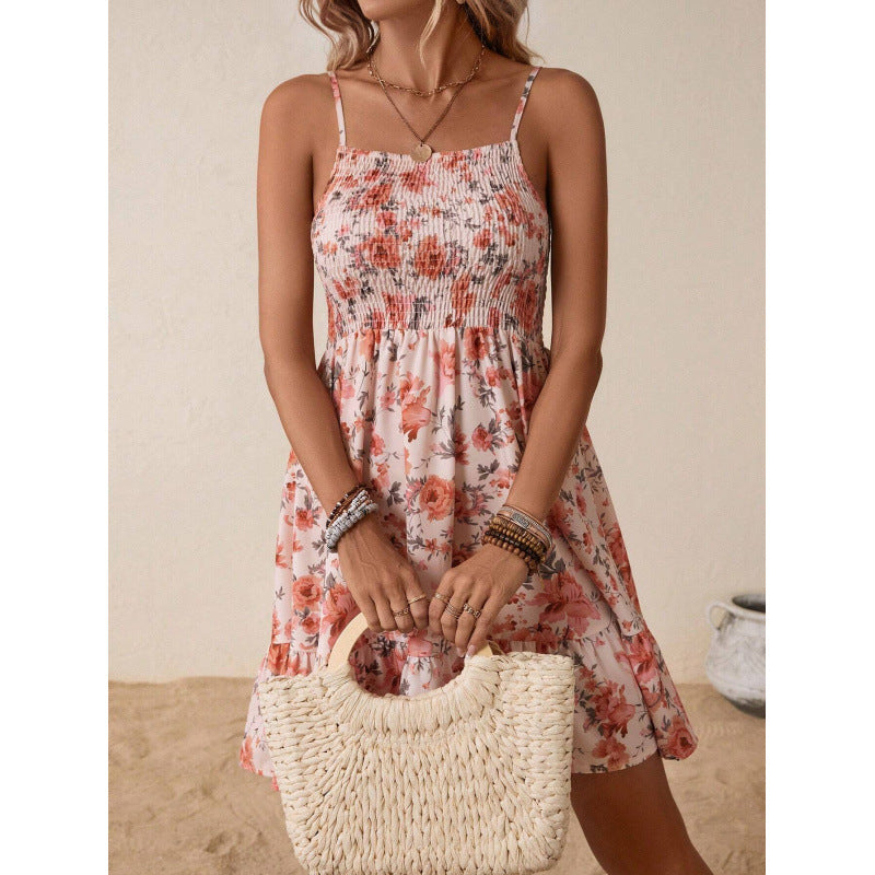 Dame Floral Print A-linje Mini Kjole med rynket Overdel Stilla