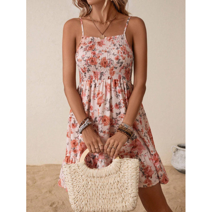 Dame Floral Print A-linje Mini Kjole med rynket Overdel Stilla