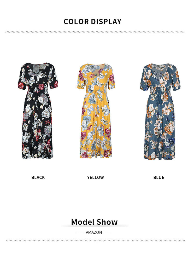 Stilla | Elegant Korte Ærmer V-hals Blomst Maxi Kjole