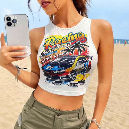 Dame Cropped Tank-Top med kreativt racingmotiv og afslappet pasform Skovae