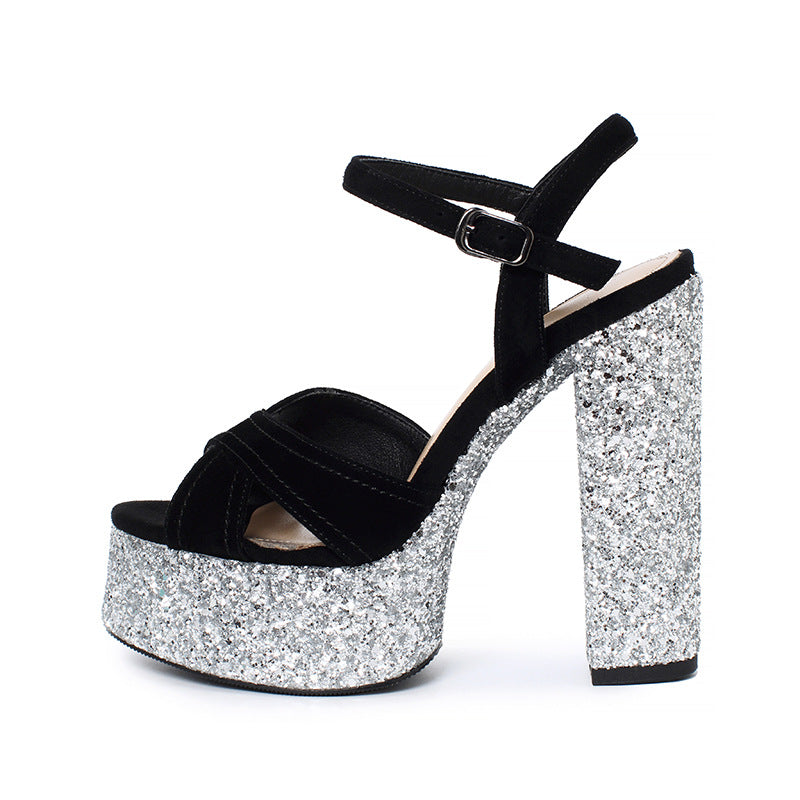 Dame Glitter Platform Sandaler med tykke Blockhæle Stilla