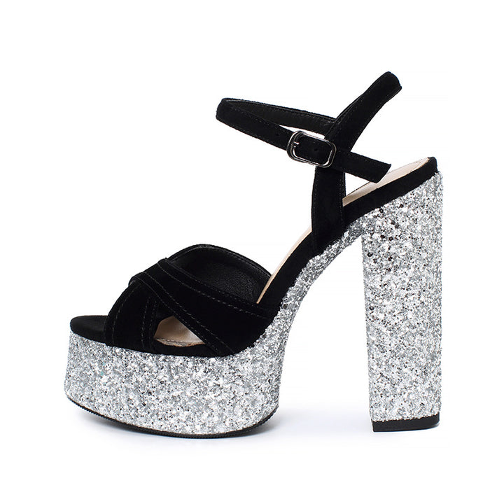 Dame Glitter Platform Sandaler med tykke Blockhæle Stilla