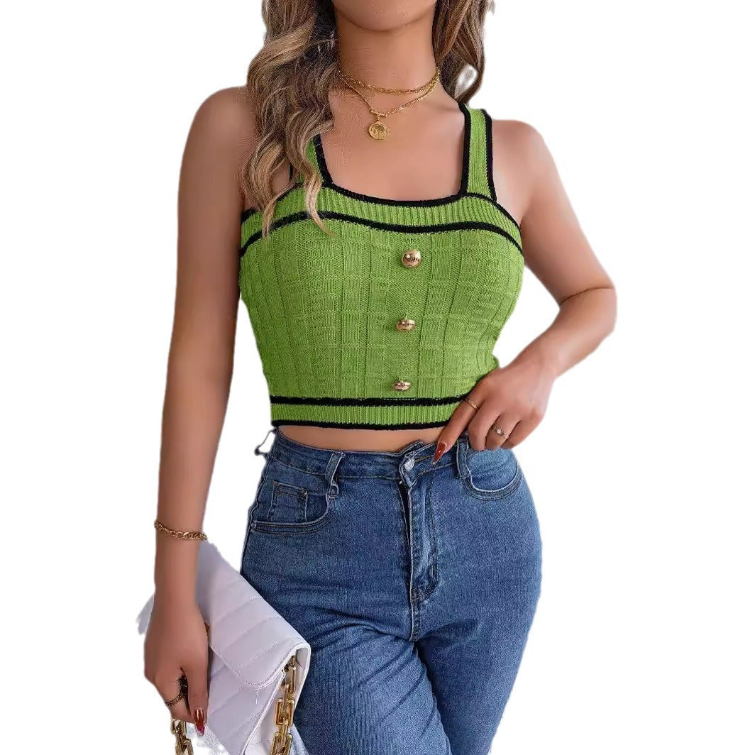 Dame Cropped Striktop med struktureret mønster og knapper Stilla