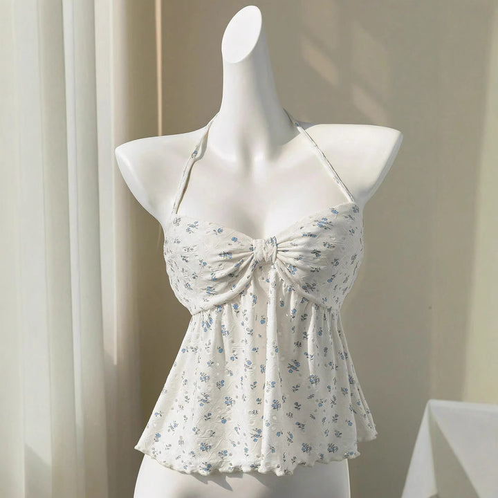 Dame romantisk strandtop med blomstermotiv og legesyg knude Skovae