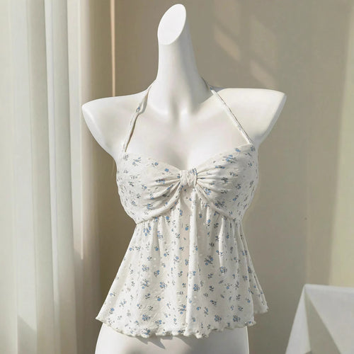 Dame romantisk strandtop med blomstermotiv og legesyg knude Skovae