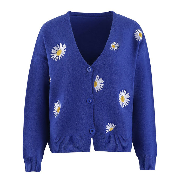 Dame strikjakke med blomsterdesign og knaplukning Stilla