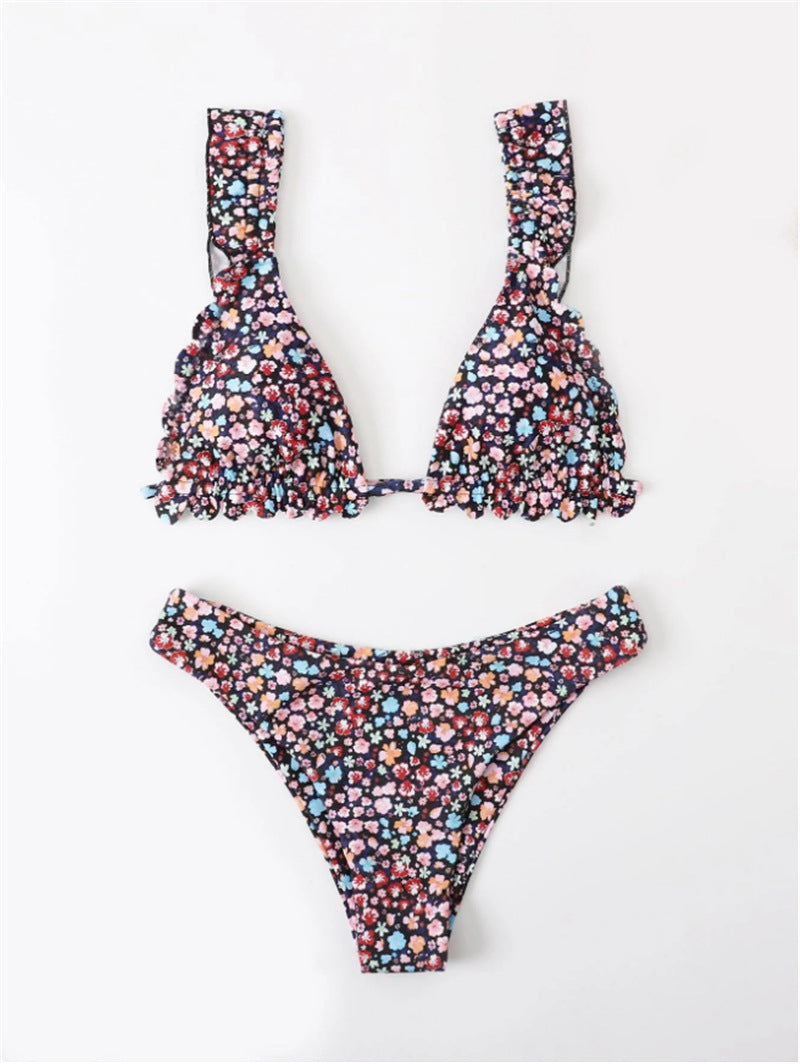 Damer Blomster Rynket Trekant Bikini Sæt Stilla