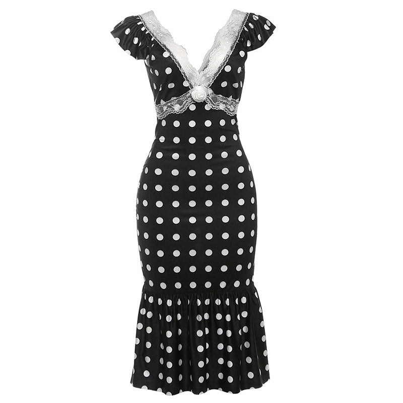 Damer Figursyet Polka-Dot Kjole med Blondeapplikation Skovae