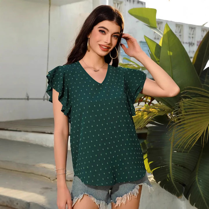 Dame Rynket Skulder V-Hals Bluse Stilla