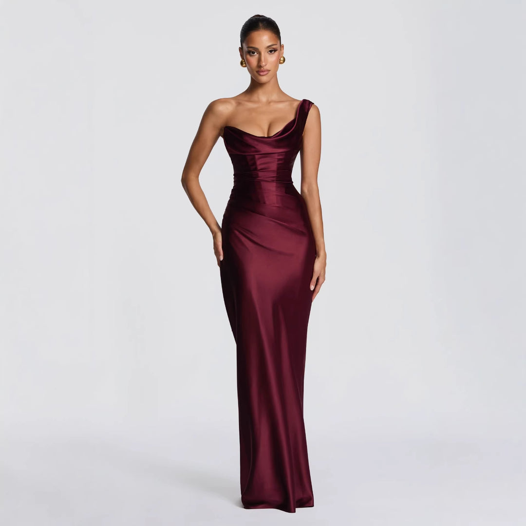 Damer Elegant Satin Lang Aftenkjole med asymmetrisk snit og figurvenligt design Skovae