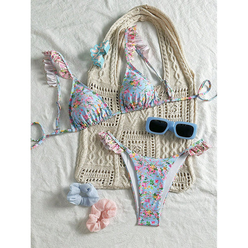 Dame Triangel-Bikini med blomstret ruffle-design og justerbare stropper Skovae