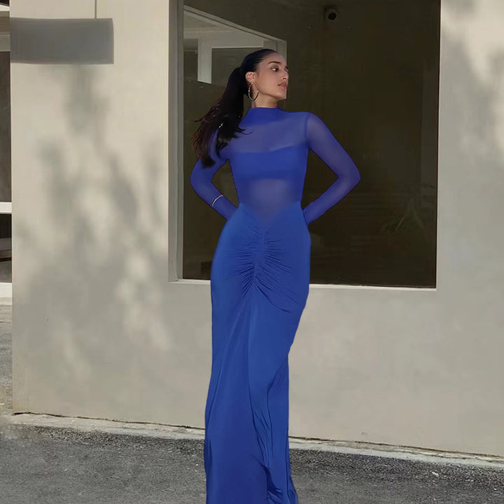 Dame elegant maxikjole med gennemsigtige ærmer og præcis drapering Skovae