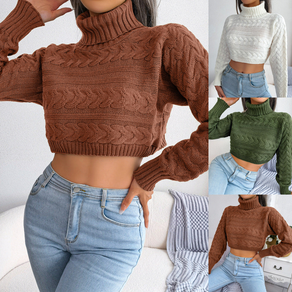 Dame Cropped Strikpullover med høj krave og fletmønster Stilla