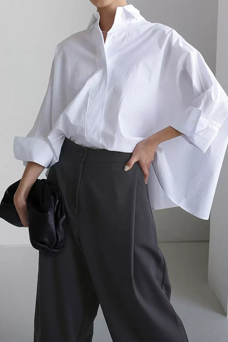 Dame mode Oversized-bluse i kvalitetsbomuld med afslappet snit og ståkrave Stilla