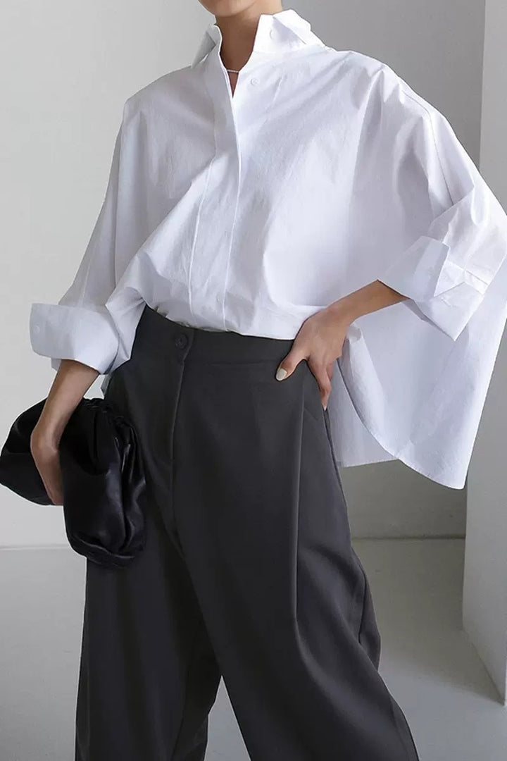 Dame mode Oversized-bluse i kvalitetsbomuld med afslappet snit og ståkrave Stilla