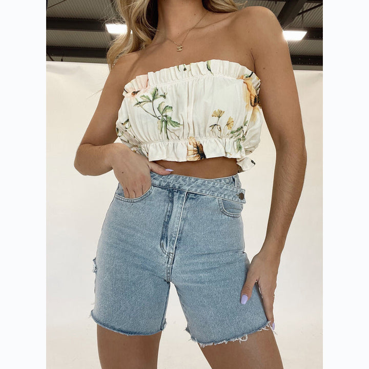 Dame Bustier-top med flæsedetaljer og blomsterdesign Stilla