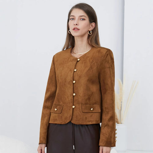 Dame Elegant Suede-Jakke med dekorative Knapper Stilla
