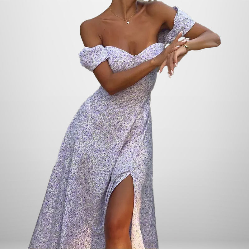Kvinders Off-Shoulder Maxi Kjole med Romantisk Blomsterprint og Side Slid Stilla