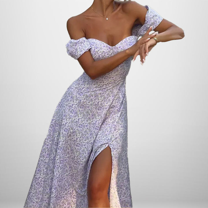 Kvinders Off-Shoulder Maxi Kjole med Romantisk Blomsterprint og Side Slid Stilla