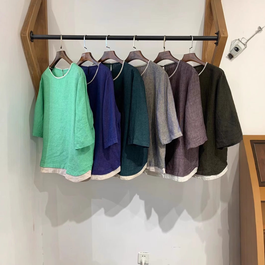 Femme Elegante Linned blouse med trekvartærmer Stilla