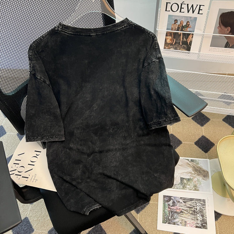 Dame Oversized T-Shirt med blomstret vintage-tryk og unik skrifttype Stilla