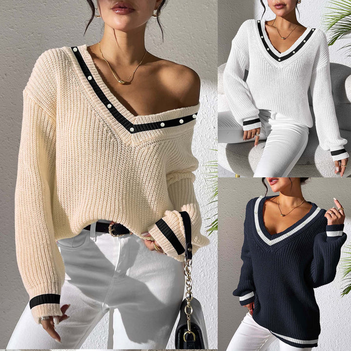Dame oversized strikpullover med V-udskæring og elegante perledetaljer Stilla