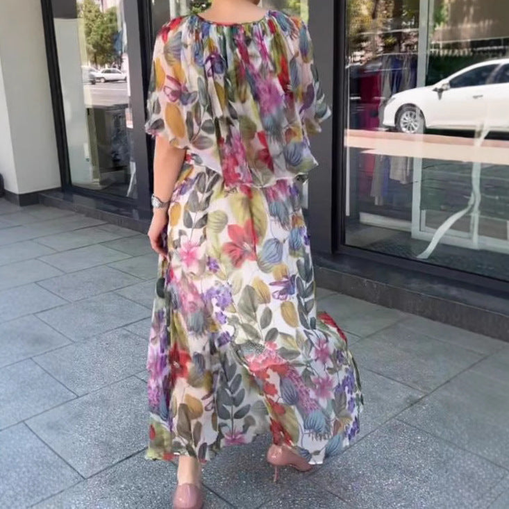 Dame Maxikjole med blomster-chiffon overdel og elastisk talje Stilla