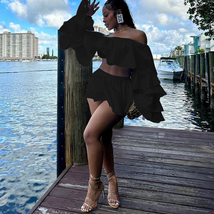Damer Elegant Off-Shoulder Sæt med Volanter og Skørt Stilla