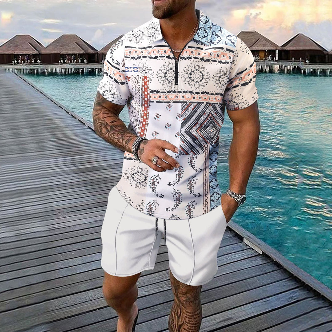 Herrer casual strandoutfit med unikt grafisk mønster og korte shorts Stilla