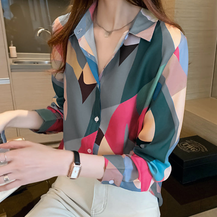 Dame mode bluse med geometrisk mønster Stilla