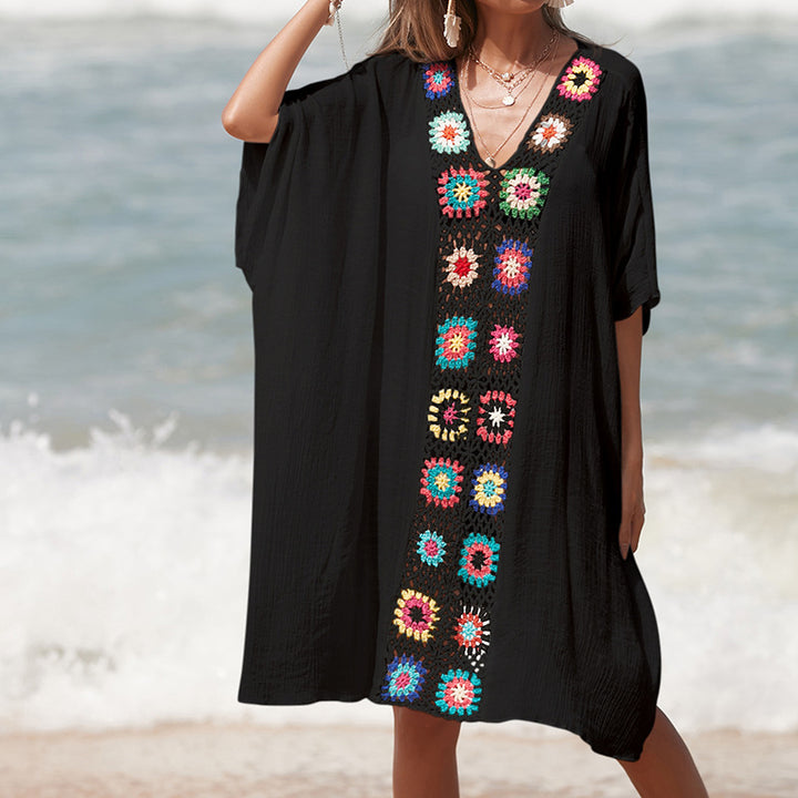 Dame hæklede strandtunika i afslappet oversized stil med farverige applikationer Skovae