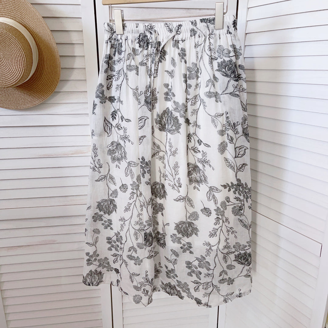 Dame Floral Print Midi Skirt med elastisk talje Stilla
