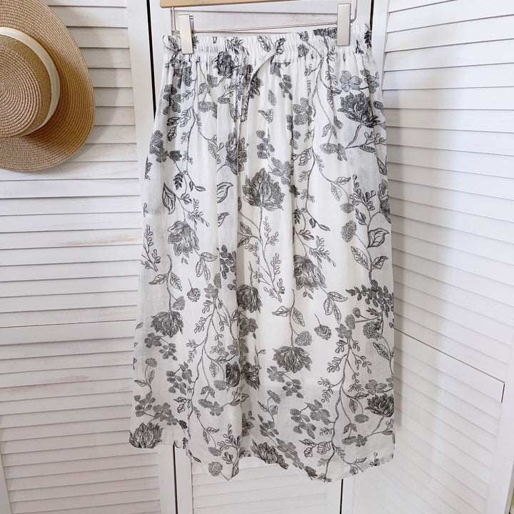 Dame Floral Print Midi Skirt med elastisk talje Stilla