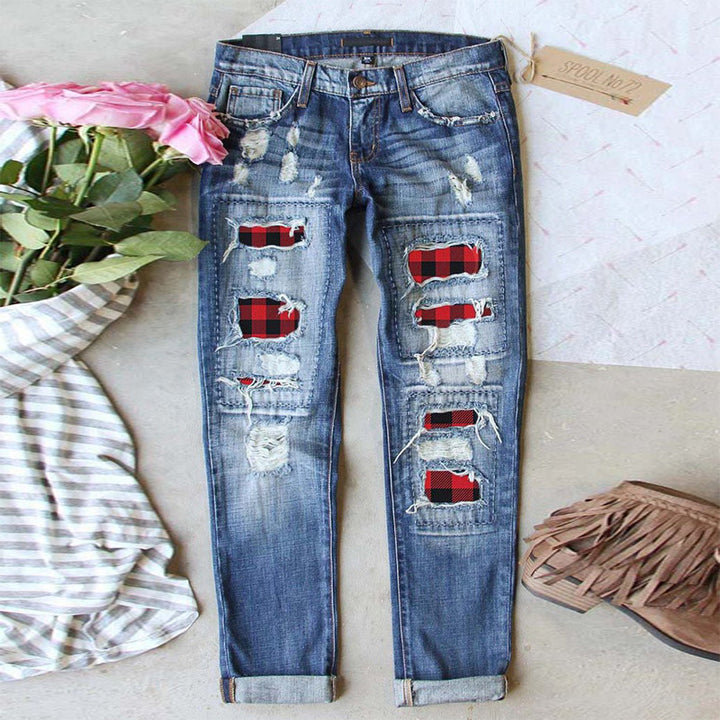 Dame Ripped Jeans med ternede applikationer og afslappet design Stilla