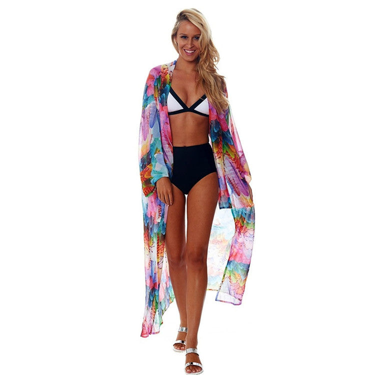 Dame Gennemsigtig Strandkimono med farverigt Fjerdesign Stilla