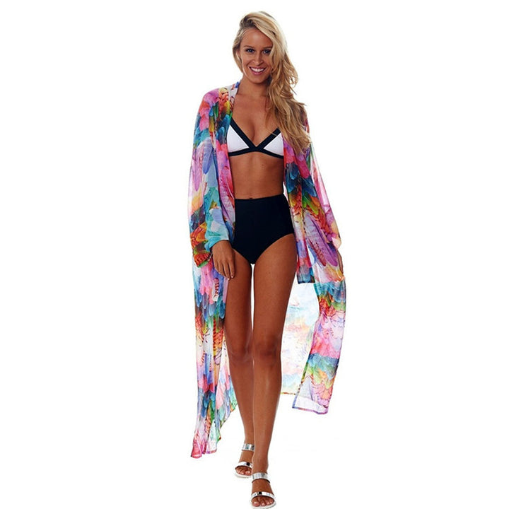 Dame Gennemsigtig Strandkimono med farverigt Fjerdesign Stilla