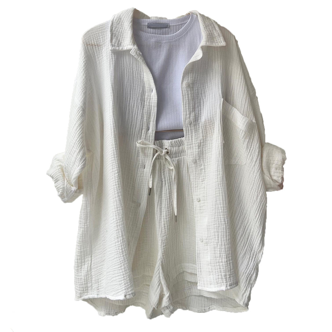 Damer Sommer Lounge-sæt lavet af let bomuldsstof med oversized bluse og shorts Stilla