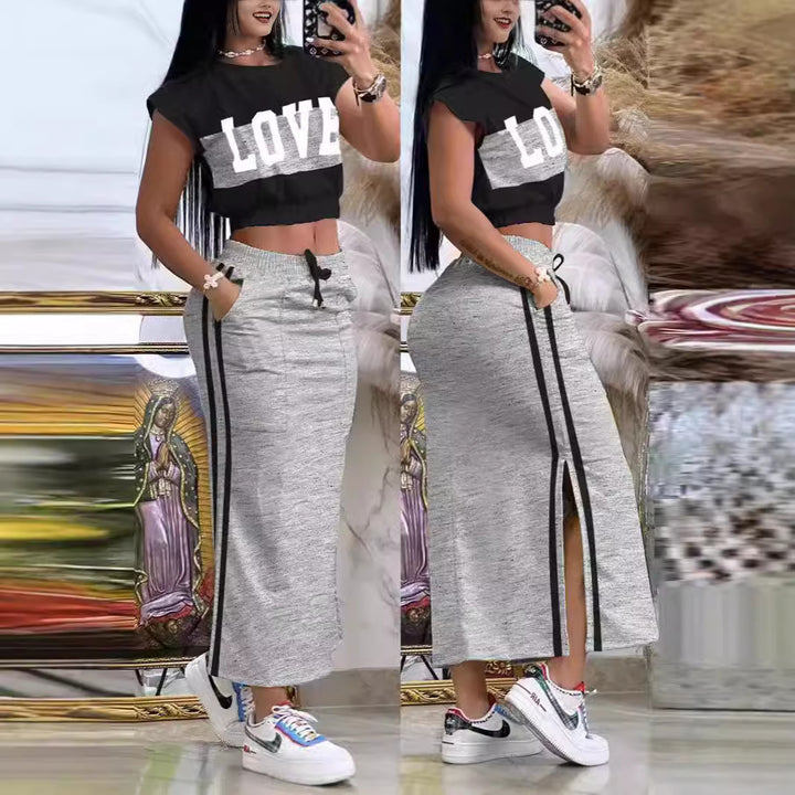 Dame Crop-Top og Maxi-Nederdel Sæt med sporty design og sidelængde Stilla