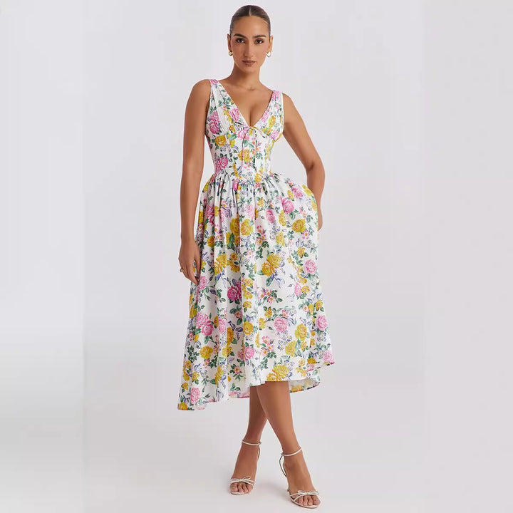 Kvindernes midi kjole med blomstermotiv og stilfuld V-hals Stilla