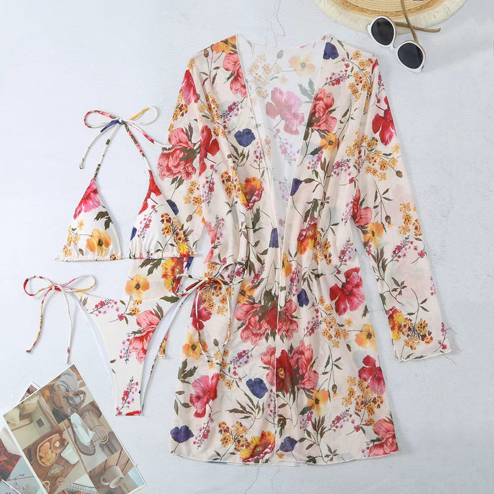 Dame bikinisæt med transparent cover-up og blomsterdesign Stilla