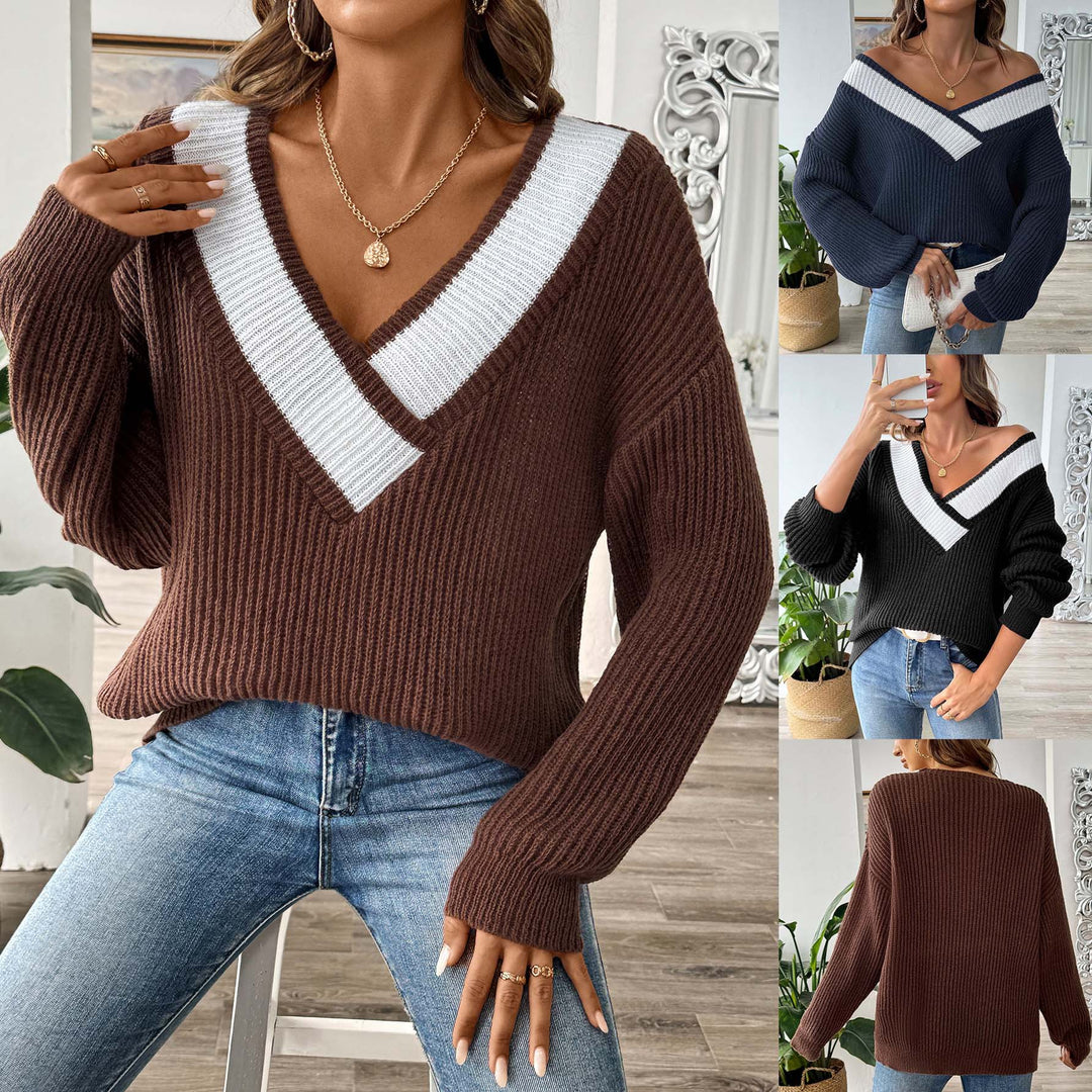 Dame sweater med moderne V-udskæring og ribstruktur Stilla