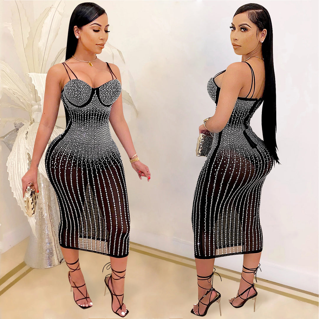 Dame Bodycon Midi Kjole med Strass dekoration Stilla