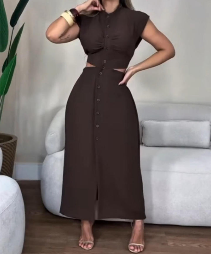 Dame Maxikjole med cut-out detaljer og knaplukning Stilla