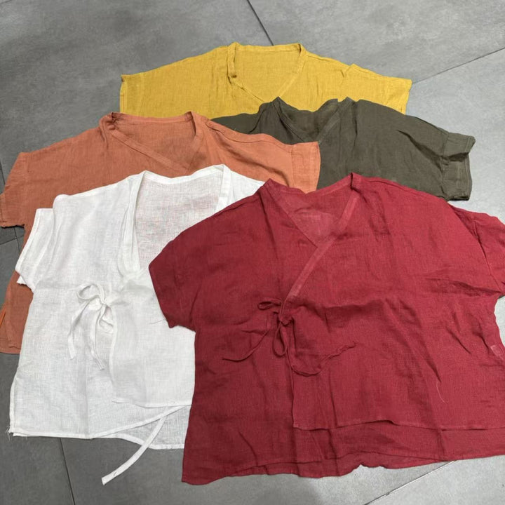 Dame Alsidig Løs Linned Slips-Front Bluse Stilla