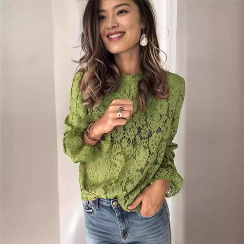 Dame spids top med elegant blomsterdesign og lange ærmer Stilla