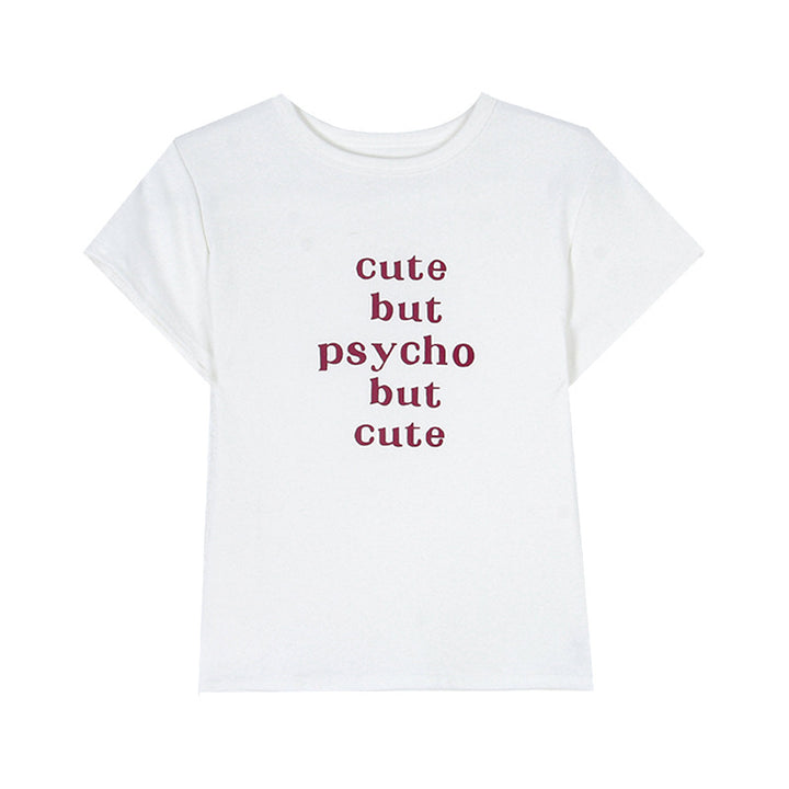 Dame T-shirt med beskrivendetryk og figursyet snit Stilla