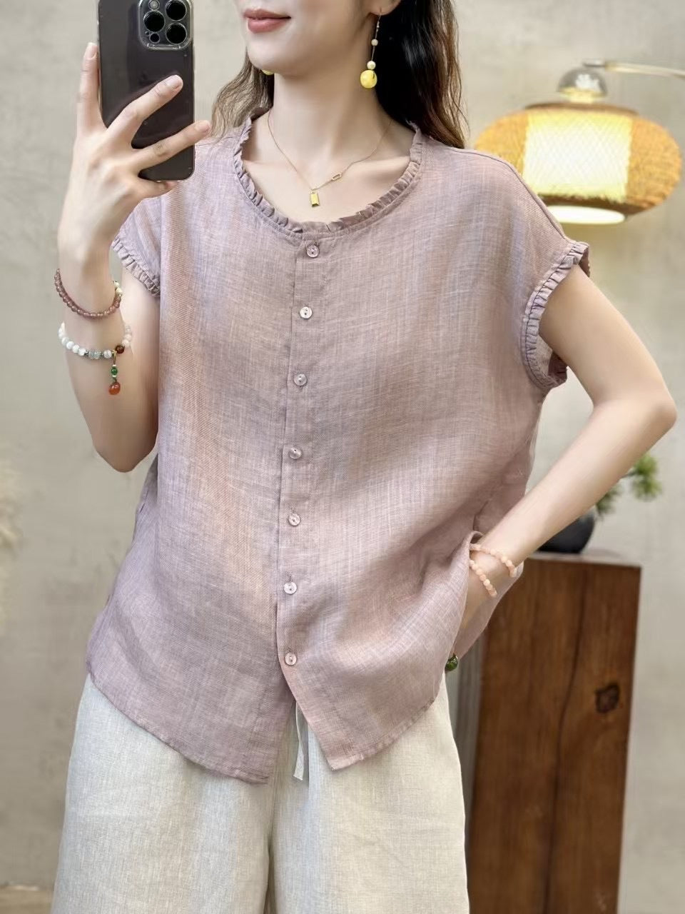 Dame Relaxed Fit Button-Up Korte ærmer Bluse Stilla
