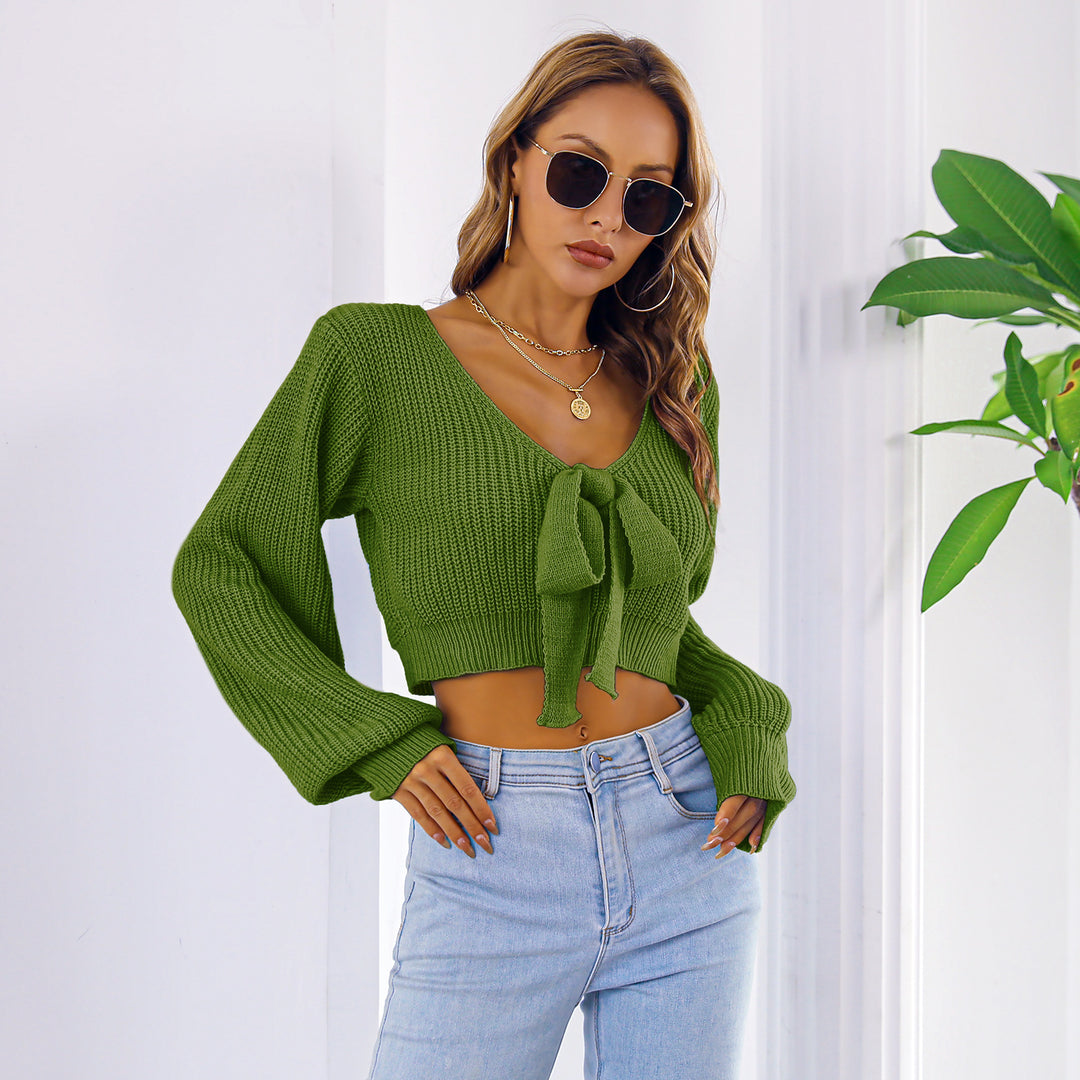 Dame strikket cropped top med V-hals og sløjfedetaljer Stilla