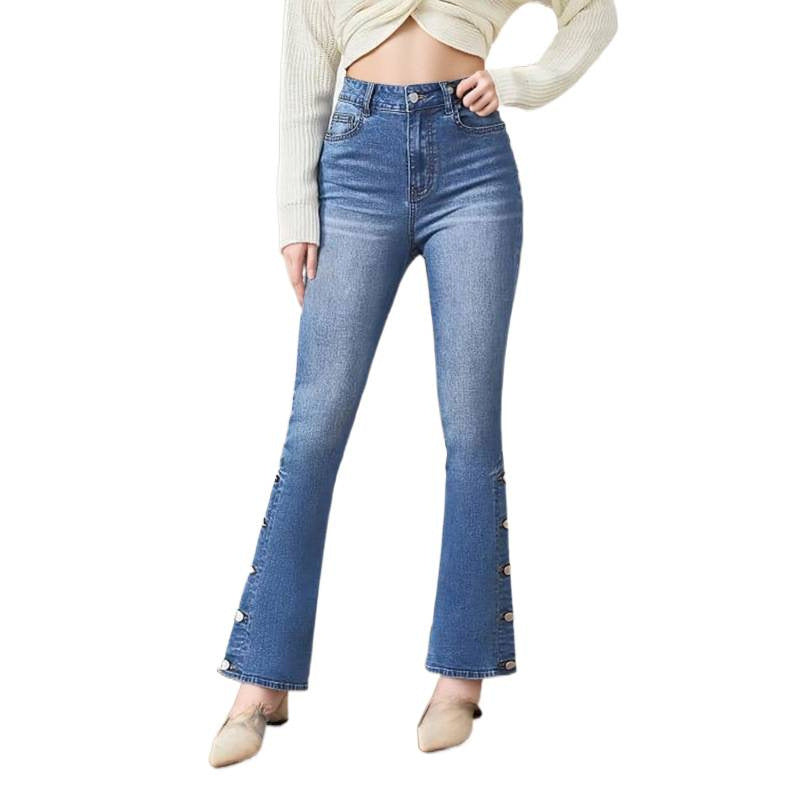 Dame Bootcut Jeans med dekorative knapdetaljer Skovae